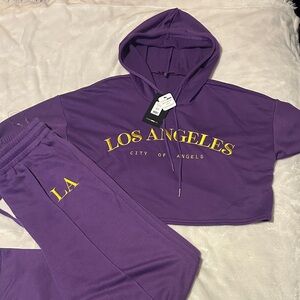 Fashion Nova Purple and Yellow Track Pants & Hoodie Set